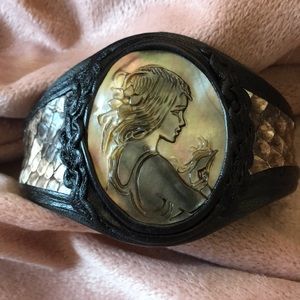 Snake skin and carved Mother of Pearl bracelet